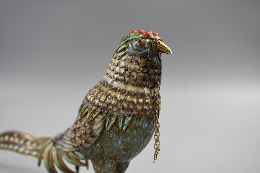 中国美術 SILVER刻印 銀七宝 珊瑚トルコ石細工 鳥 蓋物 香炉 置物 古玩