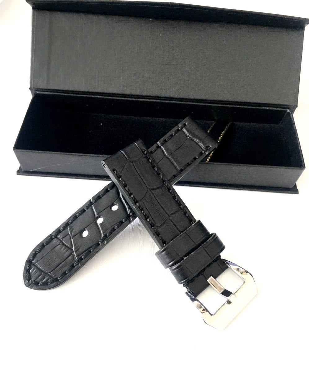腕時計 メンズ用 牛革 レザー ベルト 24mm ブラック 黒 Made in USA 【対応】パネライ PANERAI