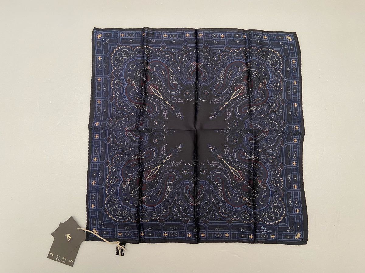 タグ付き ETRO イタリア製シルクスカーフ チーフ ダークネイビー 濃紺 