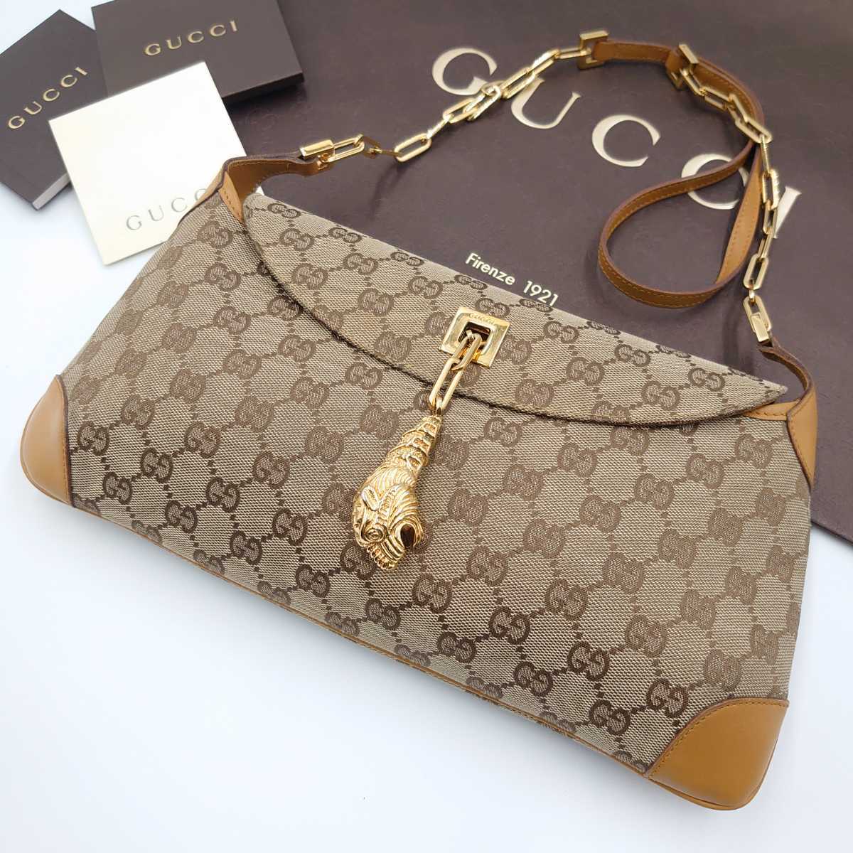 1円【極美品】GUCCI グッチ キャンバス ゴールドタイガーヘッド GG柄
