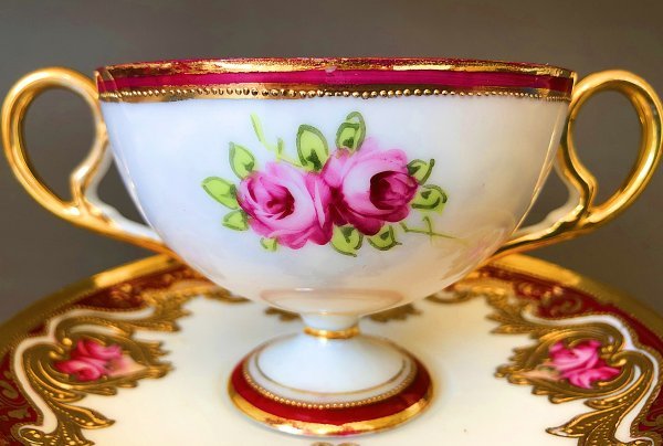千】初期オールドノリタケ 朱地薔薇文 金盛上 キャビネットカップ