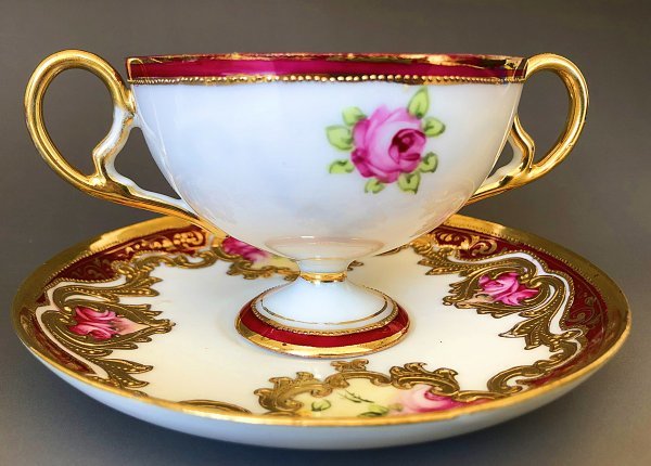 千】初期オールドノリタケ 朱地薔薇文 金盛上 キャビネットカップ