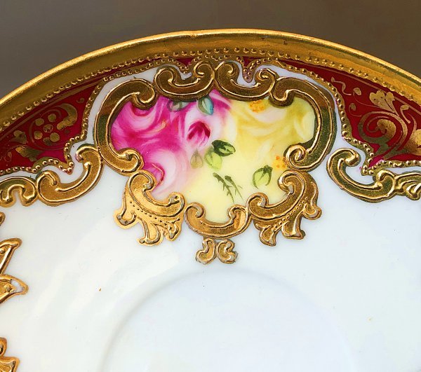千】初期オールドノリタケ 朱地薔薇文 金盛上 キャビネットカップ