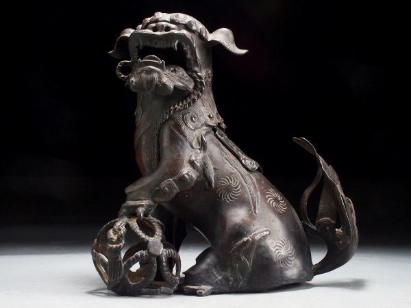 N637. 時代金工美術 古銅 玉取獅子 香炉 / 東洋彫刻美術香道具仏具銅