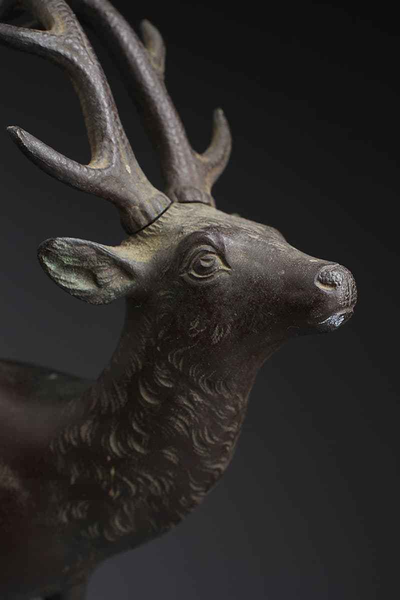 CY785 時代物 金工 松盛 造 古銅 鹿寿老人像 高34.2cm/16.5cm 総重5.2