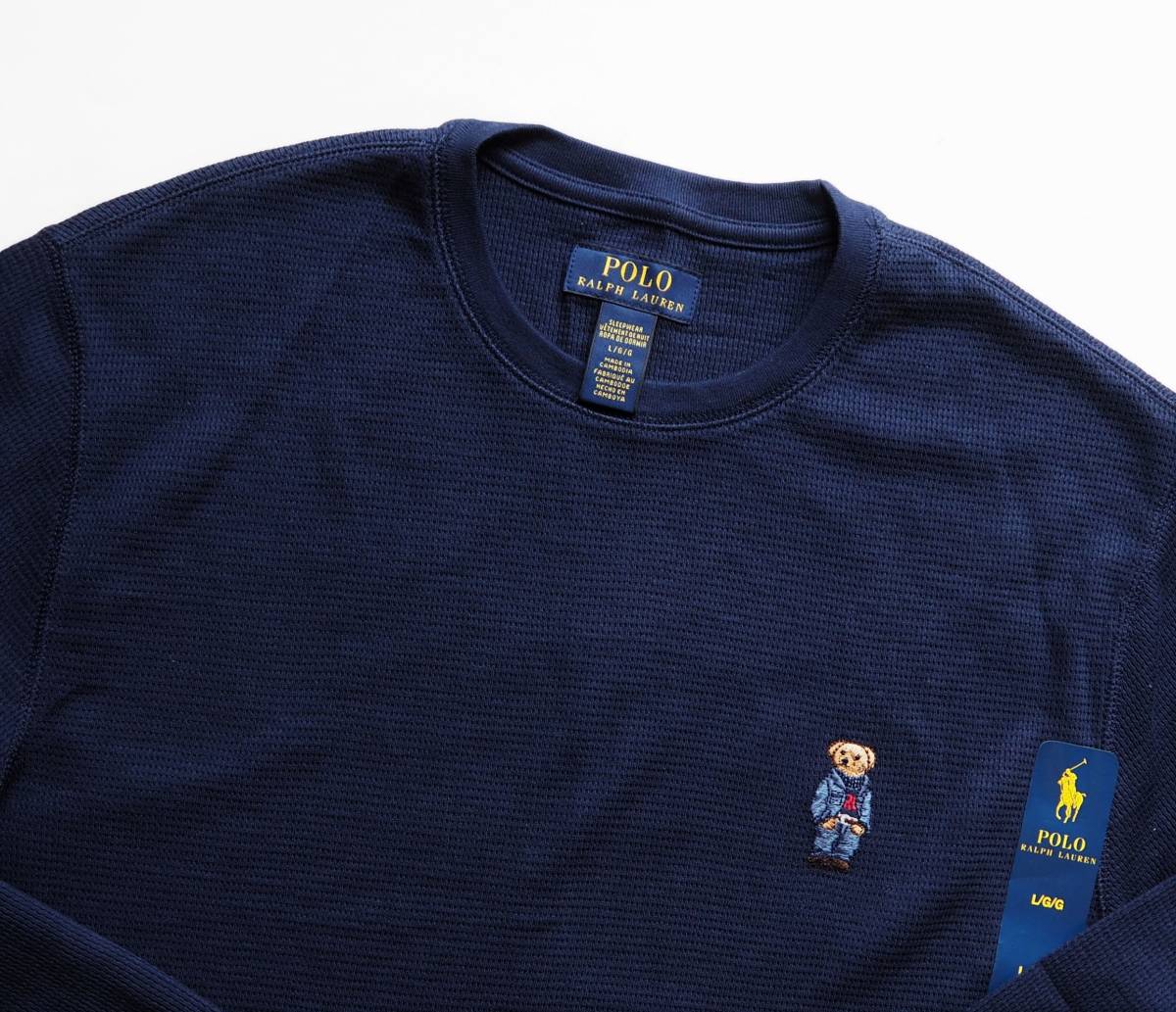 新品未着用　ポロラルフローレン正規品　ポロベアーワッフル長袖Tシャツ　メンズL～XL相当　ネイビー　ジーンズにも　高級カジュアル