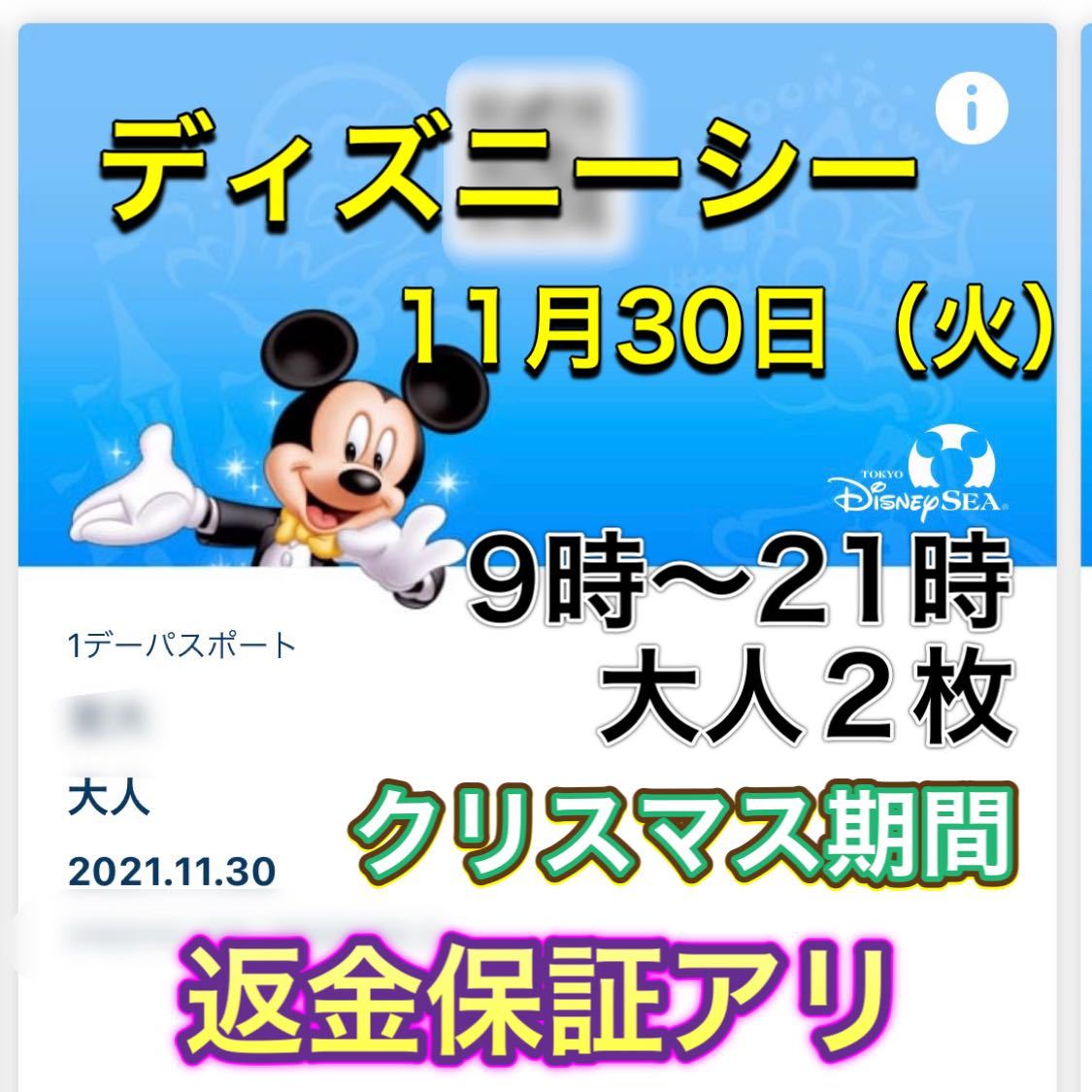 11月30日　ディズニーシー　チケット　ペア　クリスマス　11/30 9時開園　ダッフィー　ディズニーチケット　火曜日
