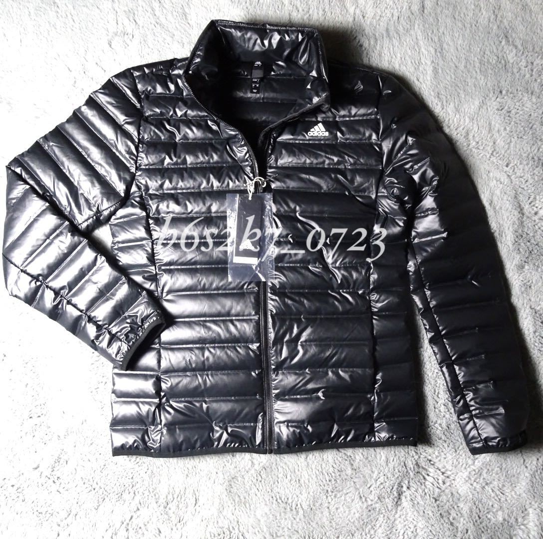 新品 正規品 サイズO(XL) adidas アディダス 黒 ブラック ライト ダウンジャケット 白 ホワイト ロゴ プリント スリムフィット
