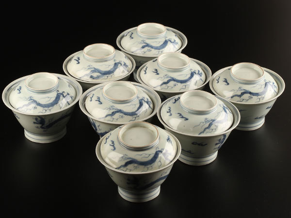 中国 染付 茶碗 茶道具 骨董 流】中国美術 染付龍蓋茶碗 八客 KD211 中国美術 【公式通販】