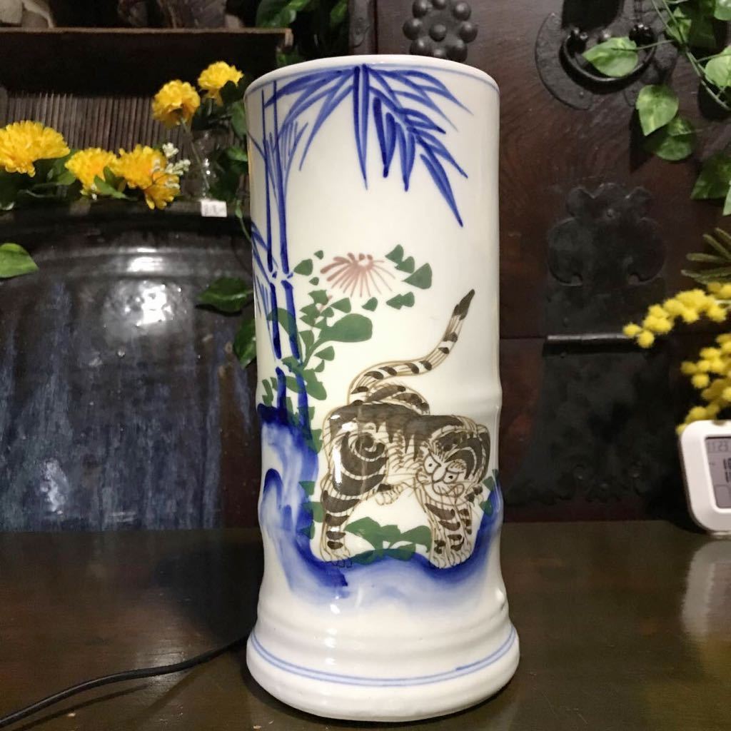 絵の良い染付竹虎図花瓶 大正頃 高さ26㎝ 検 竹に虎 古瀬戸美濃古窯 古 