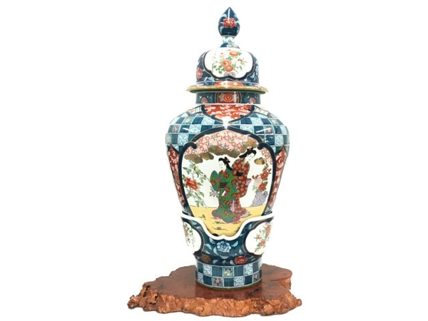 CW125 時代物【東製】薩摩焼 錫蓋 色絵 菊竹雀文 茶壺 高10.7cm 木箱附