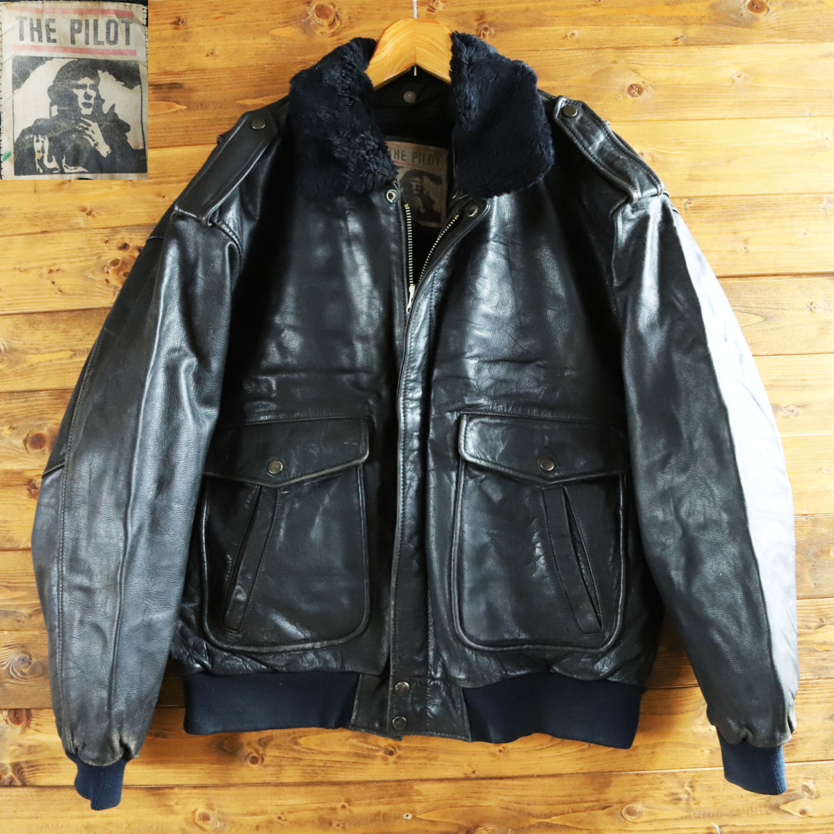 53/T7.29 ヨーロッパ古着 THE PILOT 襟ボア レザーフライトジャケット