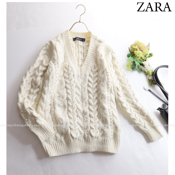 ザラ ZARA ★パール装飾付き立体ケーブル編みVネックニットトップス