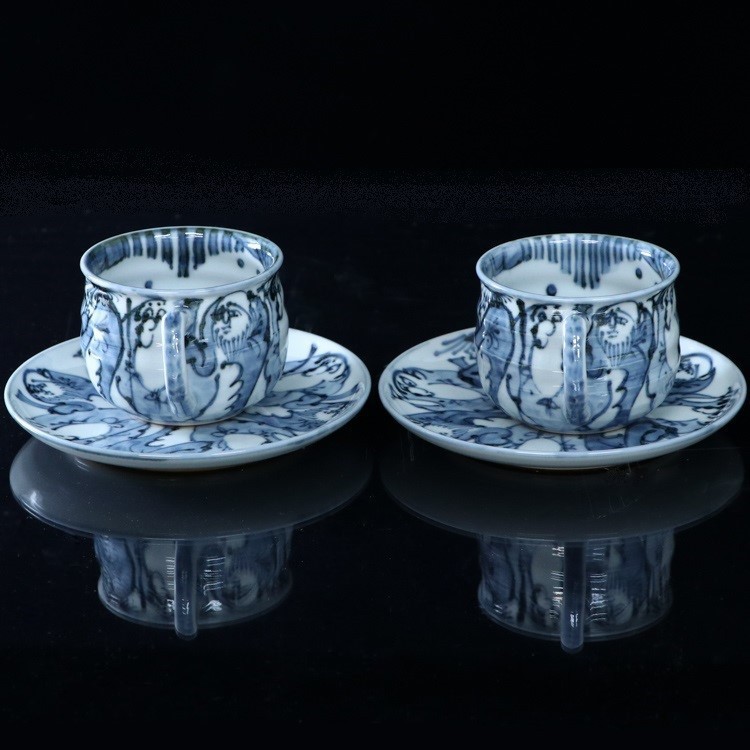 未使用品】【1円】京焼 清水焼 大野瑞昭窯 羅漢 カップ＆ソーサー ペア
