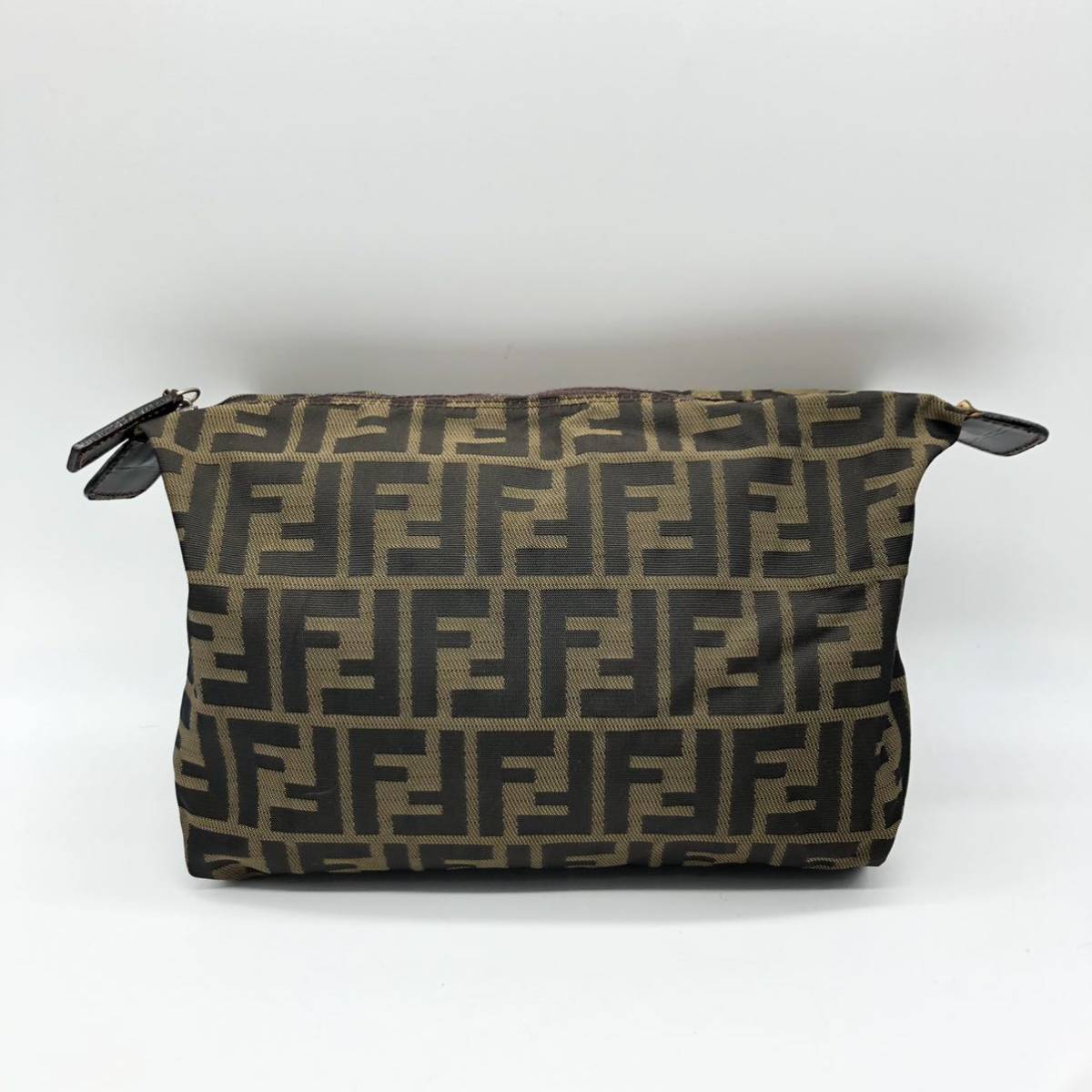 FENDI ズッカ ポーチ バニティバッグ レザー ナイロン ロゴ ブラウン