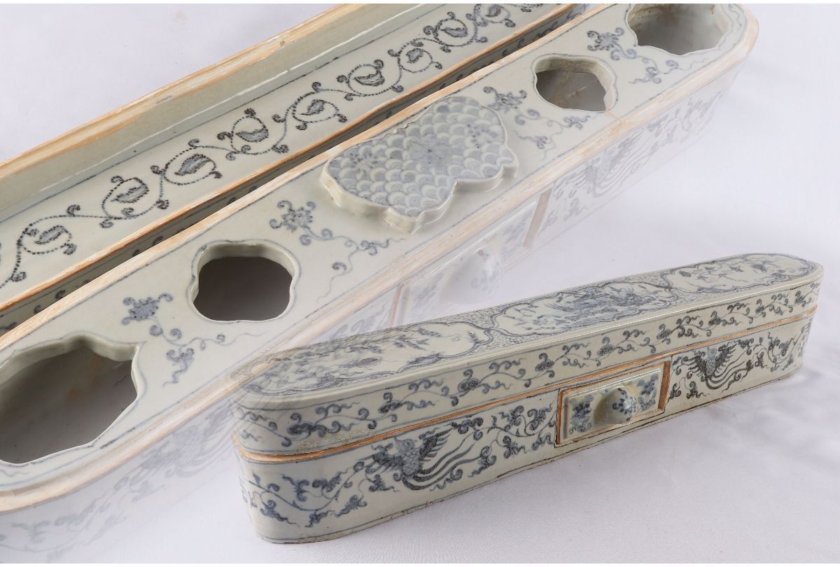 URA]中国美術/古染付花草鳥文蓋箱/長さ53.5cm/5-1-192(検)骨董/蓋物/古 