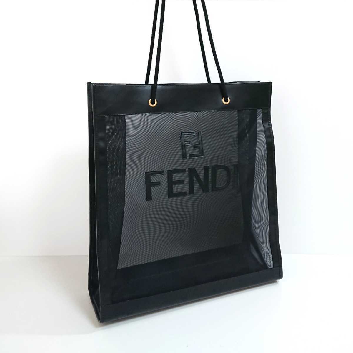 ☆極美品 FENDI フェンディ デカロゴ メッシュ × レザー トートバッグ 