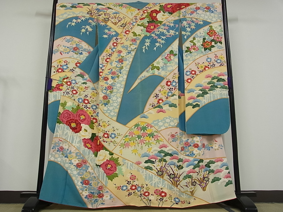 着物屋こころ□本加賀友禅作家 直江良三 振袖 吉祥草花文 正絹 逸品  