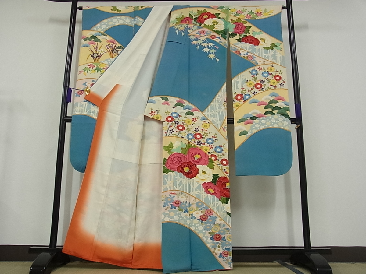 着物屋こころ□本加賀友禅作家 直江良三 振袖 吉祥草花文 正絹 逸品  