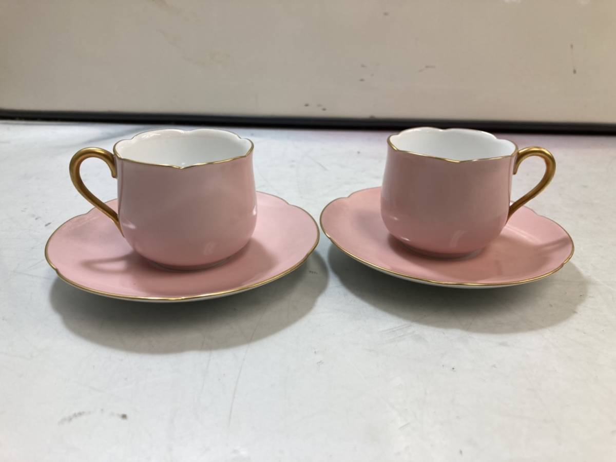 1-248）大倉陶園 色蒔 デミタスカップ & ソーサー ピンク ゴールド 2客 