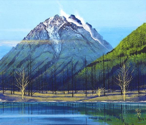 真作絵画 高見朝蒼 日本画10号 五竜岳黎明 雄大な山岳風景 C187