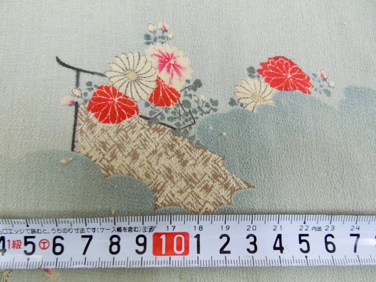 絹織物 古布 古裂 No291 江戸縮緬 幔幕に花と雀の図 古裂布 