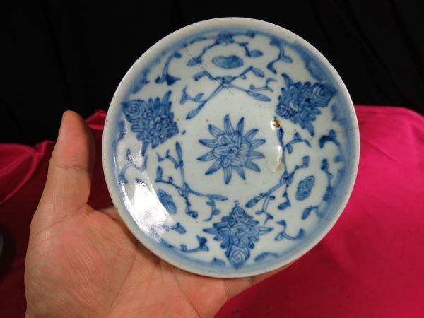 清朝 色絵花草 古蓮華 中国 古玩 骨董 染付 青花 清時代 古美術 骨董品 中国美術 唐草染付皿5