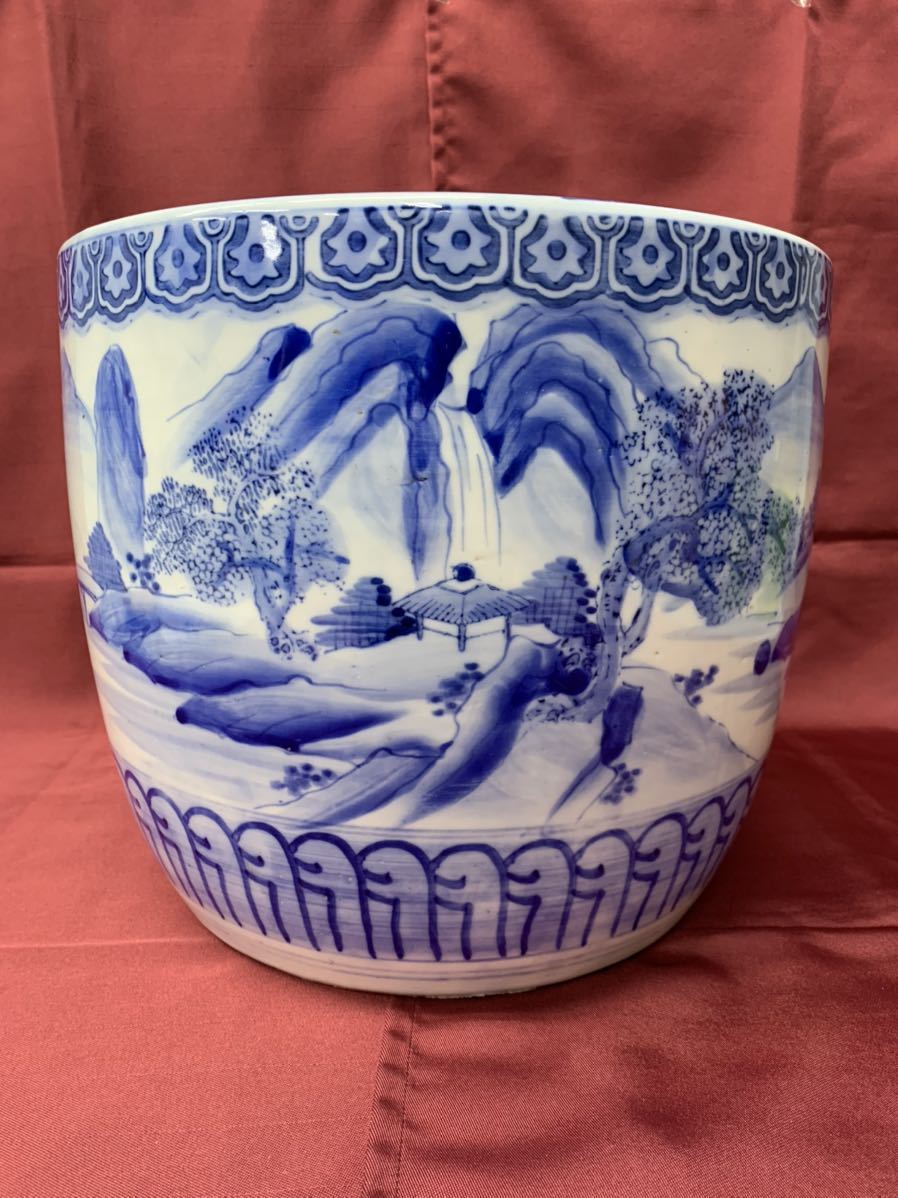 安い 店舗 染付 山水図 火鉢 陶器 メダカ鉢 金魚鉢 睡蓮鉢 骨董品