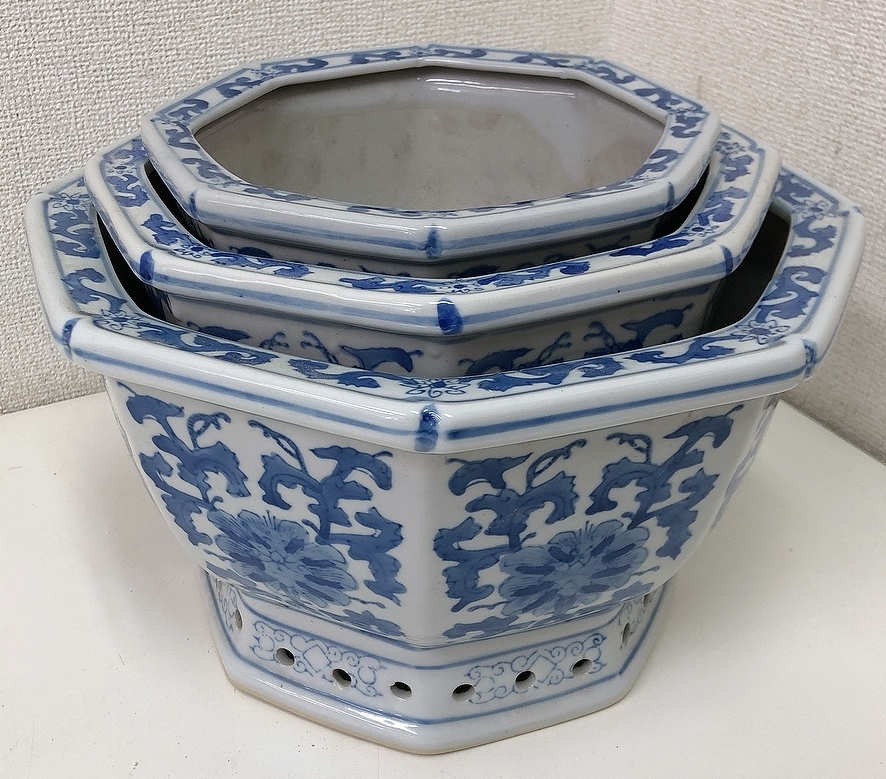 八角花鉢 大 中 小 3個セット 中国製造 箱入り 染付 盆栽鉢 蘭鉢 盆栽小鉢 植木鉢 盆栽 W92 Dclnigeria Com