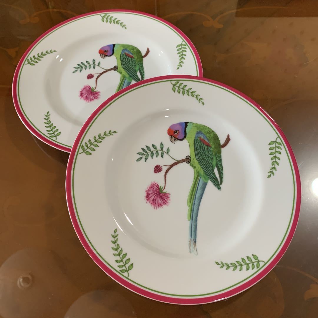 新品リンチェイスLynnchaseパロッツオブパラダイスケーキ皿 サラダ皿プレート2枚 鳥柄オウム横浜増田窯②