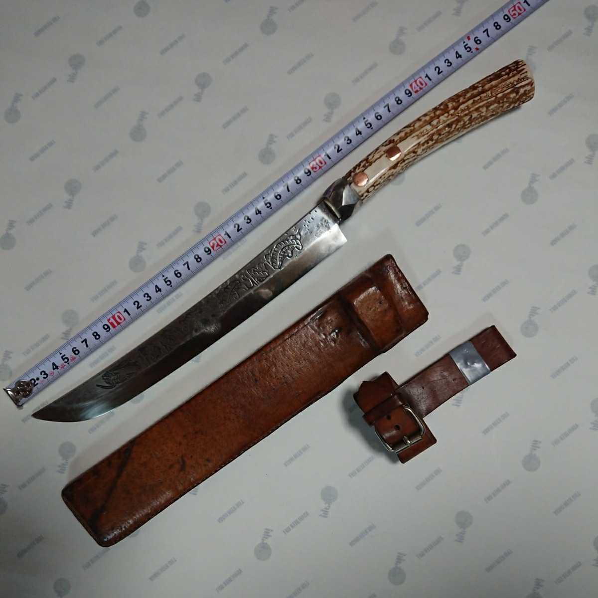 剣鉈】土佐特製ナタ 鹿角柄 龍彫刻入 古道具 アウトドア キャンプ 