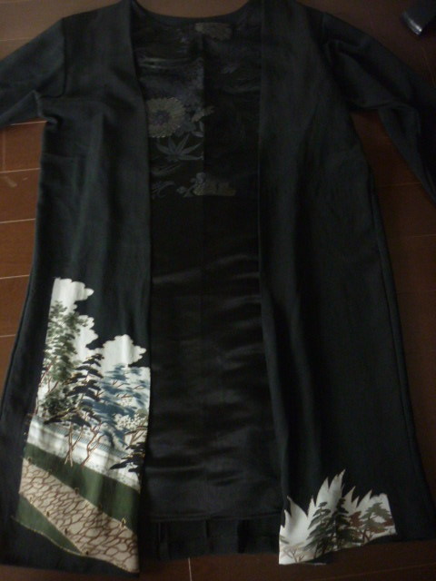 即決，大きいサイズLL.２L，３L，４L重ね着風ワンピース，正絹黒縮緬の留袖&刺繍帯，アンサンブル風ワンピース，着物リメイク