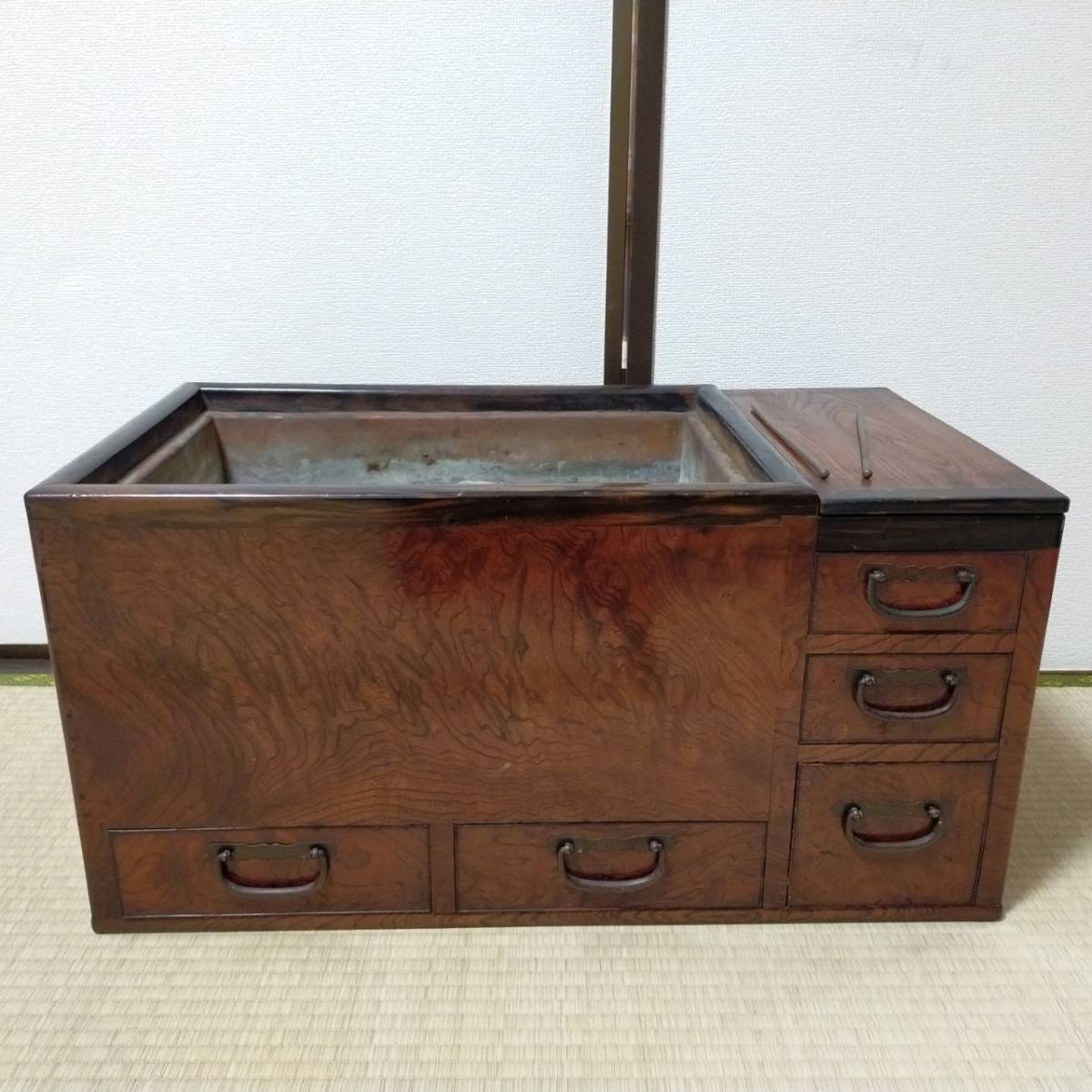 火箸 灰 関東火鉢 欅火鉢 五徳 銅炉 W約72cm D約39cm H約39cm -関東