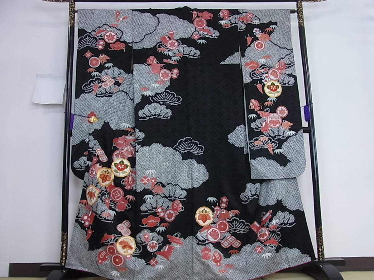 駒刺繍 黒地 絞り 花美人着物□豪華振袖 金彩 逸品 金駒刺繍 花