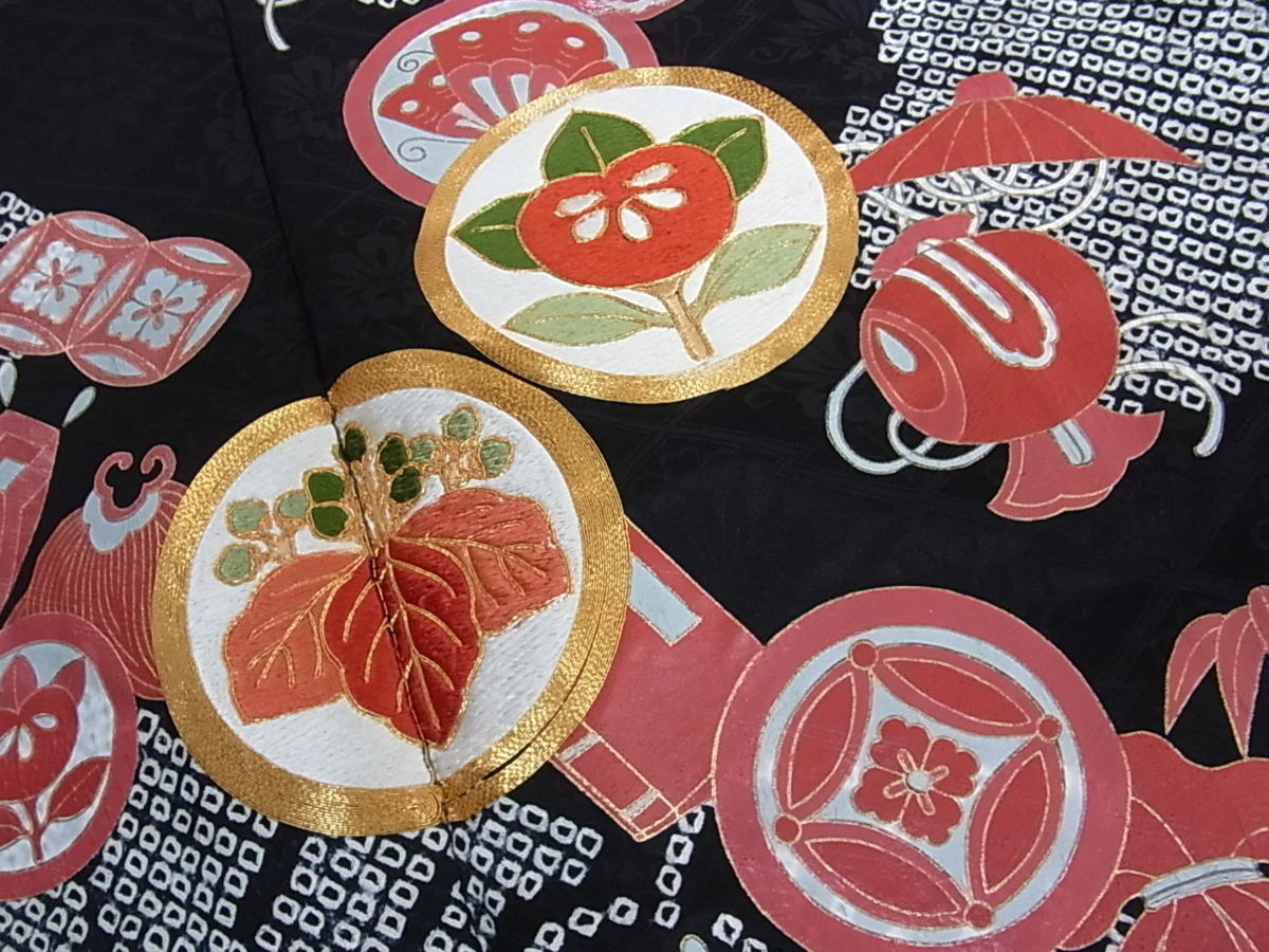 駒刺繍 黒地 絞り 花美人着物□豪華振袖 金彩 逸品 金駒刺繍 花
