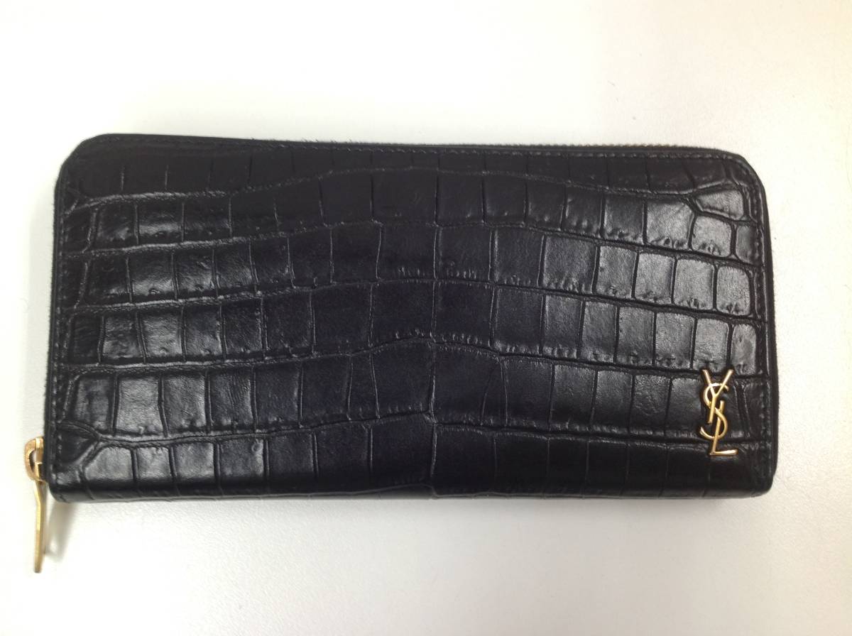 1円スタート YSL イブサンローラン クロコ型押し レザー ラウンド 