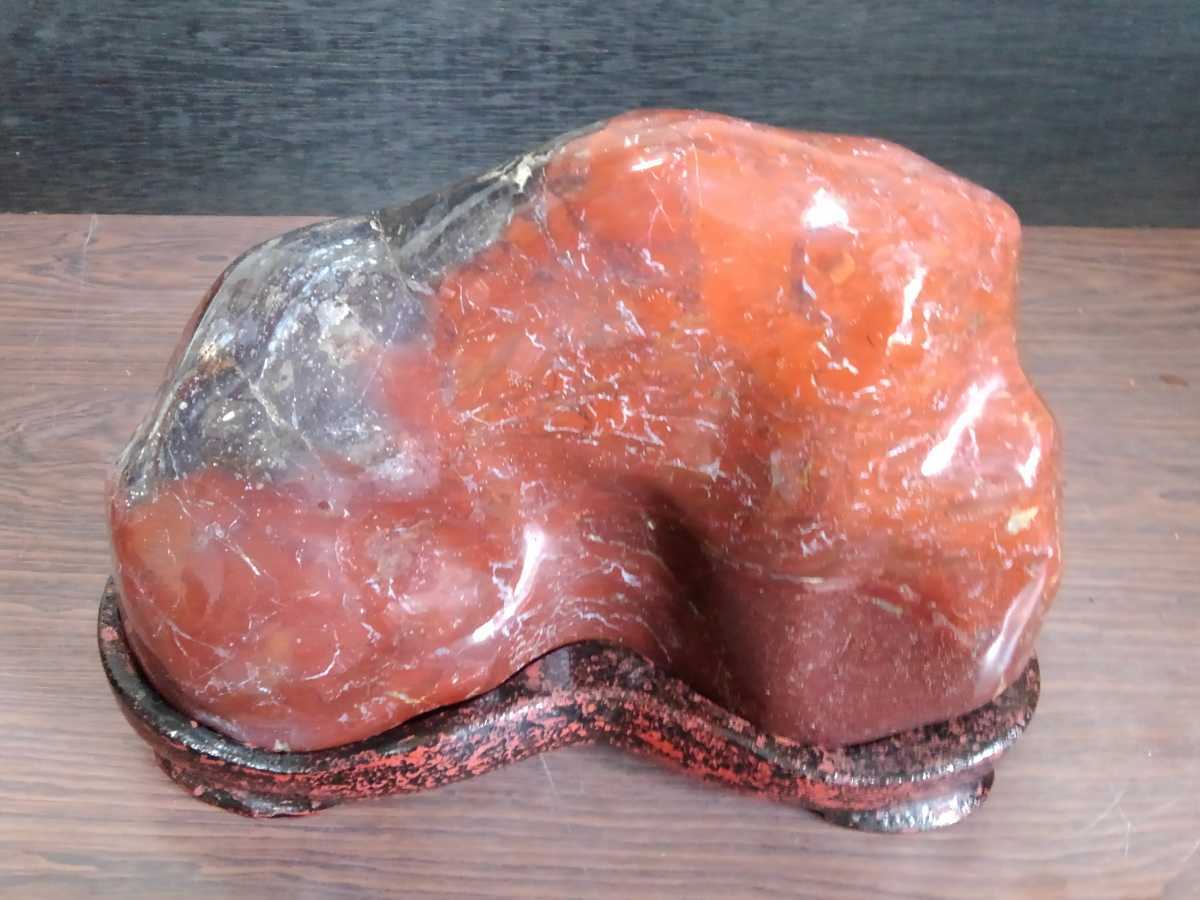 大型 梅花石 鑑賞石 盆石 水石 天然石 ジャスパー 木製台座付 菊花石 鉱石 赤石 青森県相馬産 錦石 ジャスパー （検：菊花石）磨き石 水石 盆石