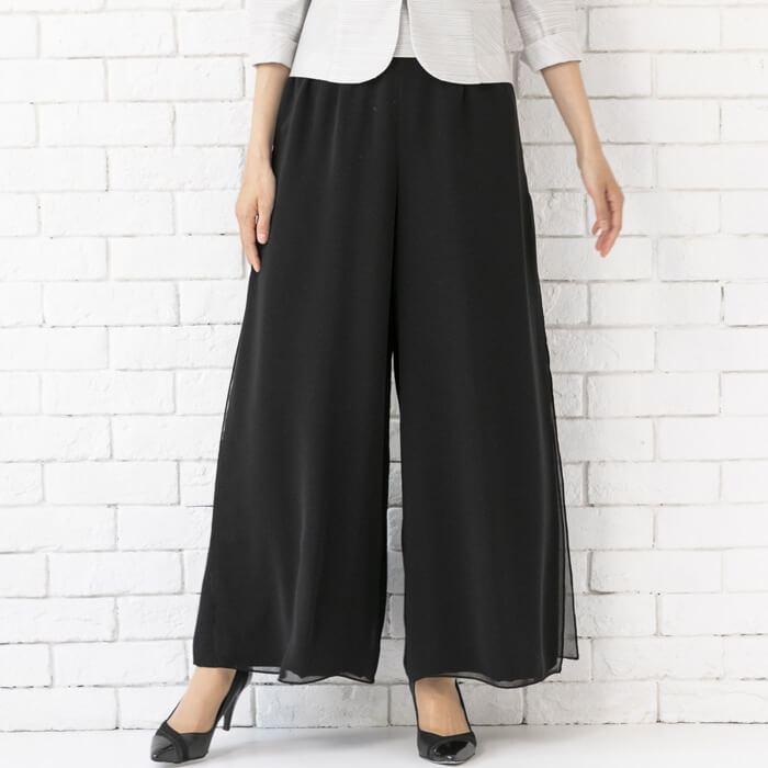 スカートに見えるマキシ丈ワイドパンツ/黒/重ね着シフォンデザイン/東京ソワール/SOIR DOLCE/13号/普段のお出掛け~パーティーまで