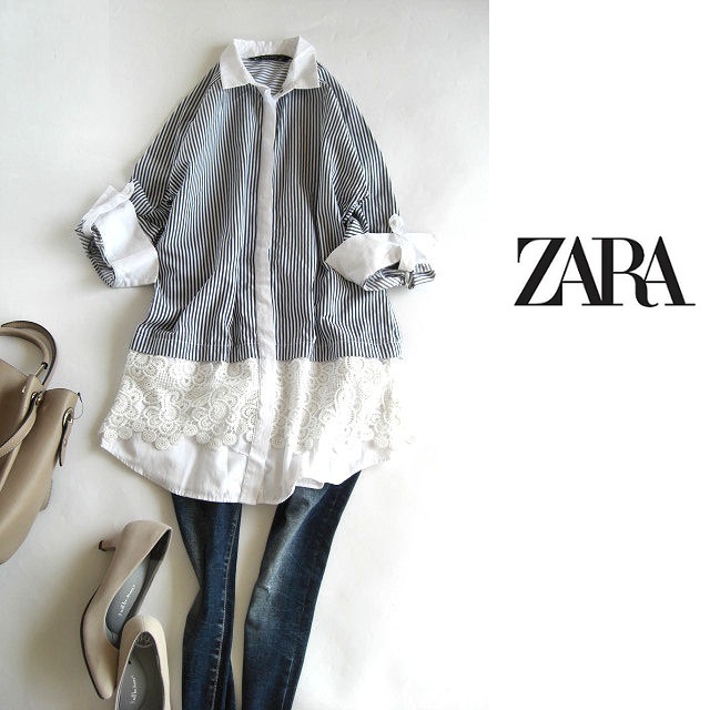ZARA ザラ ロールアップ 美品ZARA(ザラ)ストライプシャツM長袖 カジュアル キレイめ 冷房対策 羽織り ボーダー ストライプ コットン ネイビー×ホワイト 長袖 ブラウス BASICストライプシャツ |