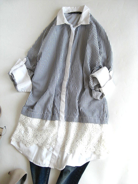 ZARA ザラ ロールアップ 美品ZARA(ザラ)ストライプシャツM長袖 カジュアル キレイめ 冷房対策 羽織り ボーダー ストライプ コットン ネイビー×ホワイト 長袖 ブラウス BASICストライプシャツ |