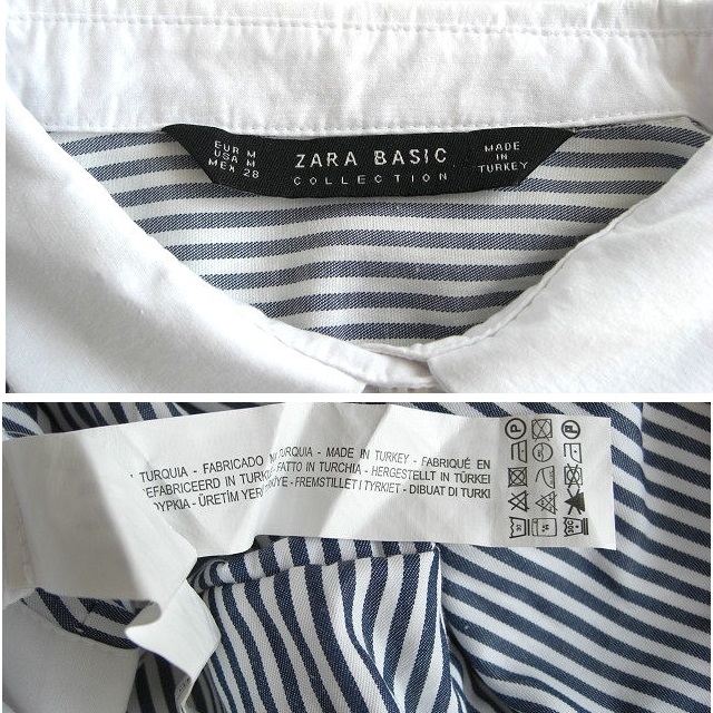 ZARA ザラ ロールアップ 美品ZARA(ザラ)ストライプシャツM長袖 カジュアル キレイめ 冷房対策 羽織り ボーダー ストライプ コットン ネイビー×ホワイト 長袖 ブラウス BASICストライプシャツ |