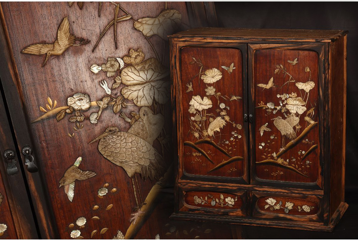 URA]黒柿材金蒔絵螺鈿骨細工花鳥図器局/64.3cm/4-4-177(検)骨董/中国