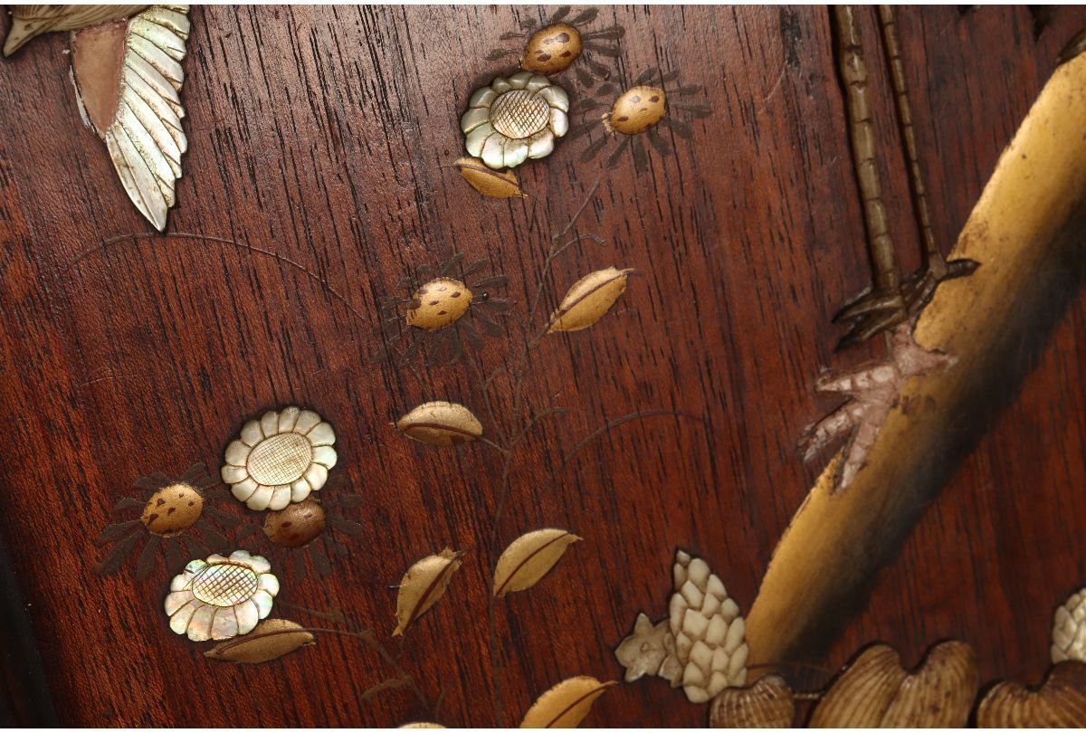 URA]黒柿材金蒔絵螺鈿骨細工花鳥図器局/64.3cm/4-4-177(検)骨董/中国