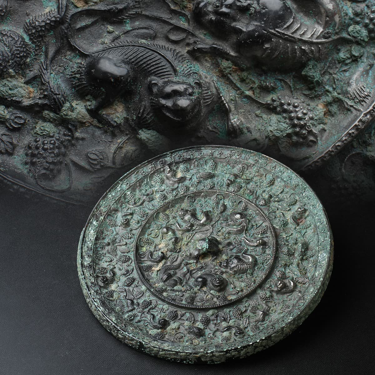 EC233 時代物 白銅 海獸葡萄鏡 直径21cm 重1.7kg・海獣葡萄鏡・中国鏡 