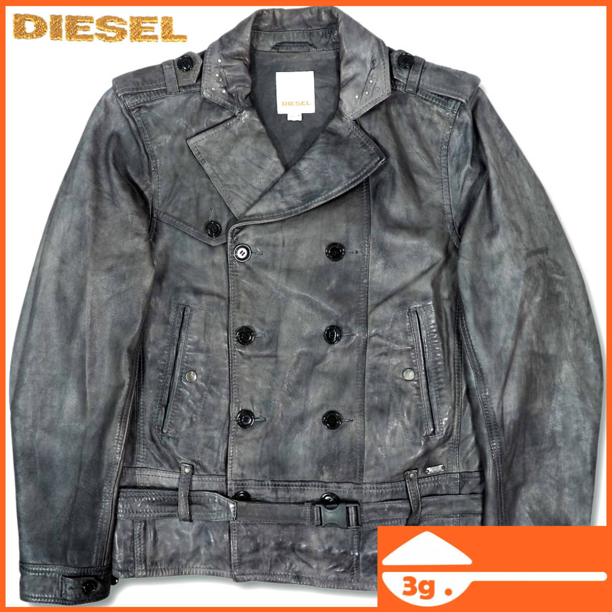 即決★DIESEL★メンズM レザーピーコート ディーゼル 羊革 本革 本皮 グレー レザージャケット 革ジャン ベルト アウター AR2159 3g.