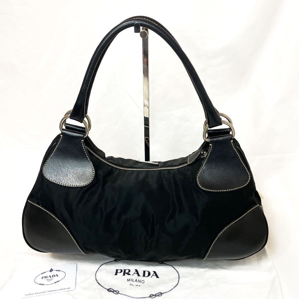 1円 〜 美品 PRADA プラダ 三角ロゴ ナイロン レザー トートバッグ