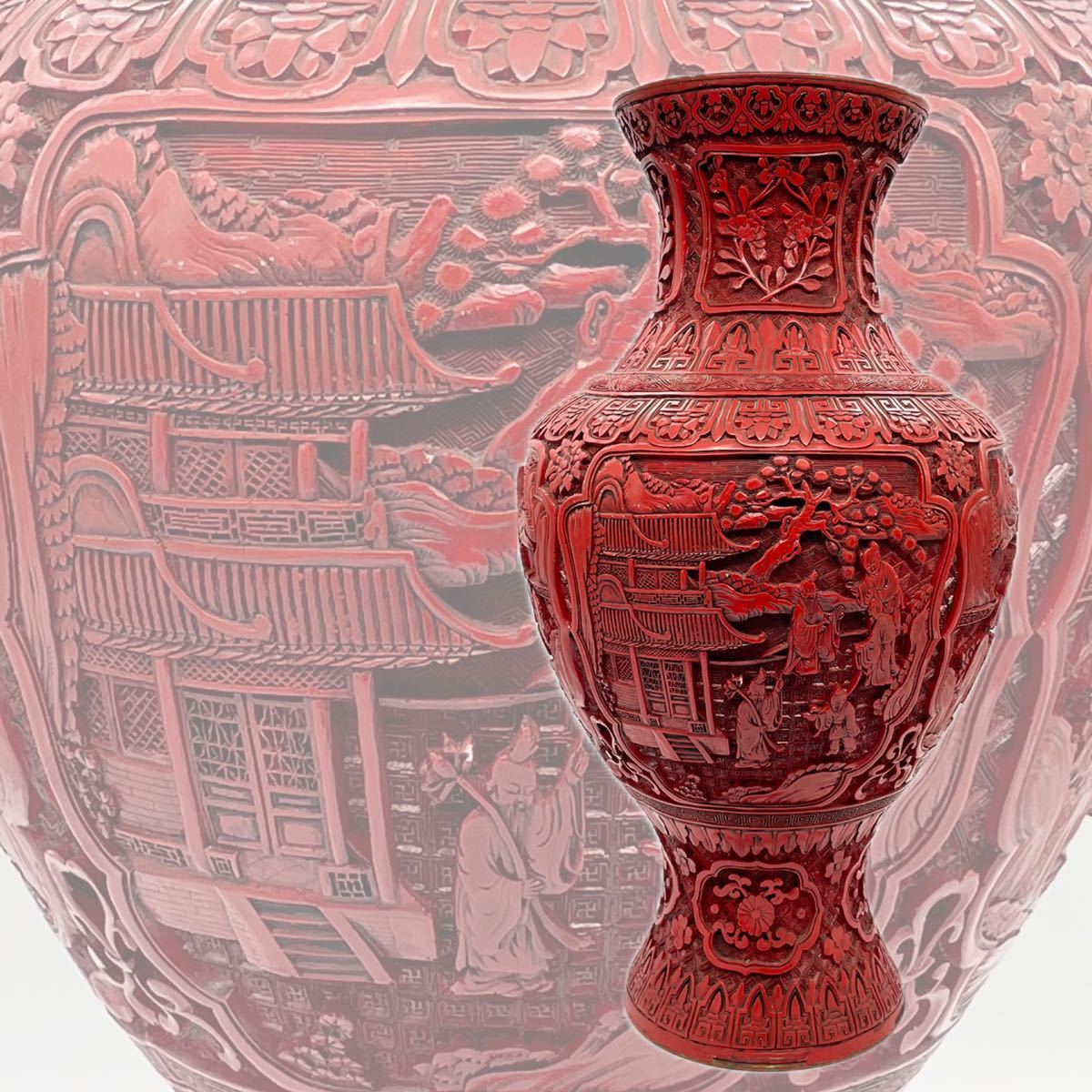 中国美術】唐物骨董 中国伝統工芸品 剔紅彫四窓楼閣山水人物文内銅胎漆 