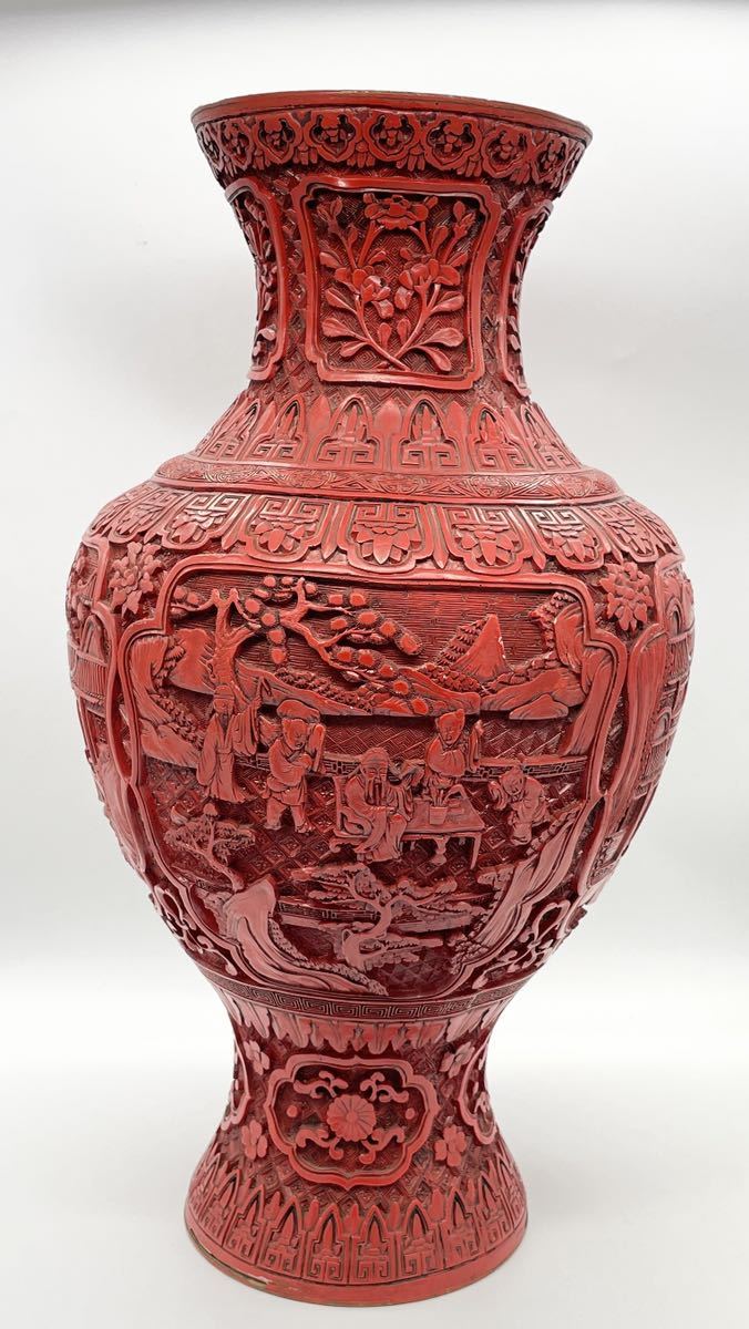 中国美術】唐物骨董 中国伝統工芸品 剔紅彫四窓楼閣山水人物文内銅胎漆 