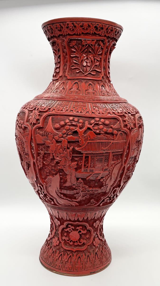 中国美術】唐物骨董 中国伝統工芸品 剔紅彫四窓楼閣山水人物文内銅胎漆 