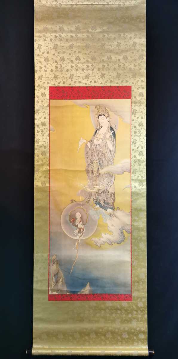 狩野芳崖 悲母観音 高級工芸 絹本 刺繍 西陣織 菩薩 仏画 仏教 掛軸 門八】□狩野芳崖□［悲母観音］掛軸 紙本 工芸 菩薩 仏画 仏教 仏教